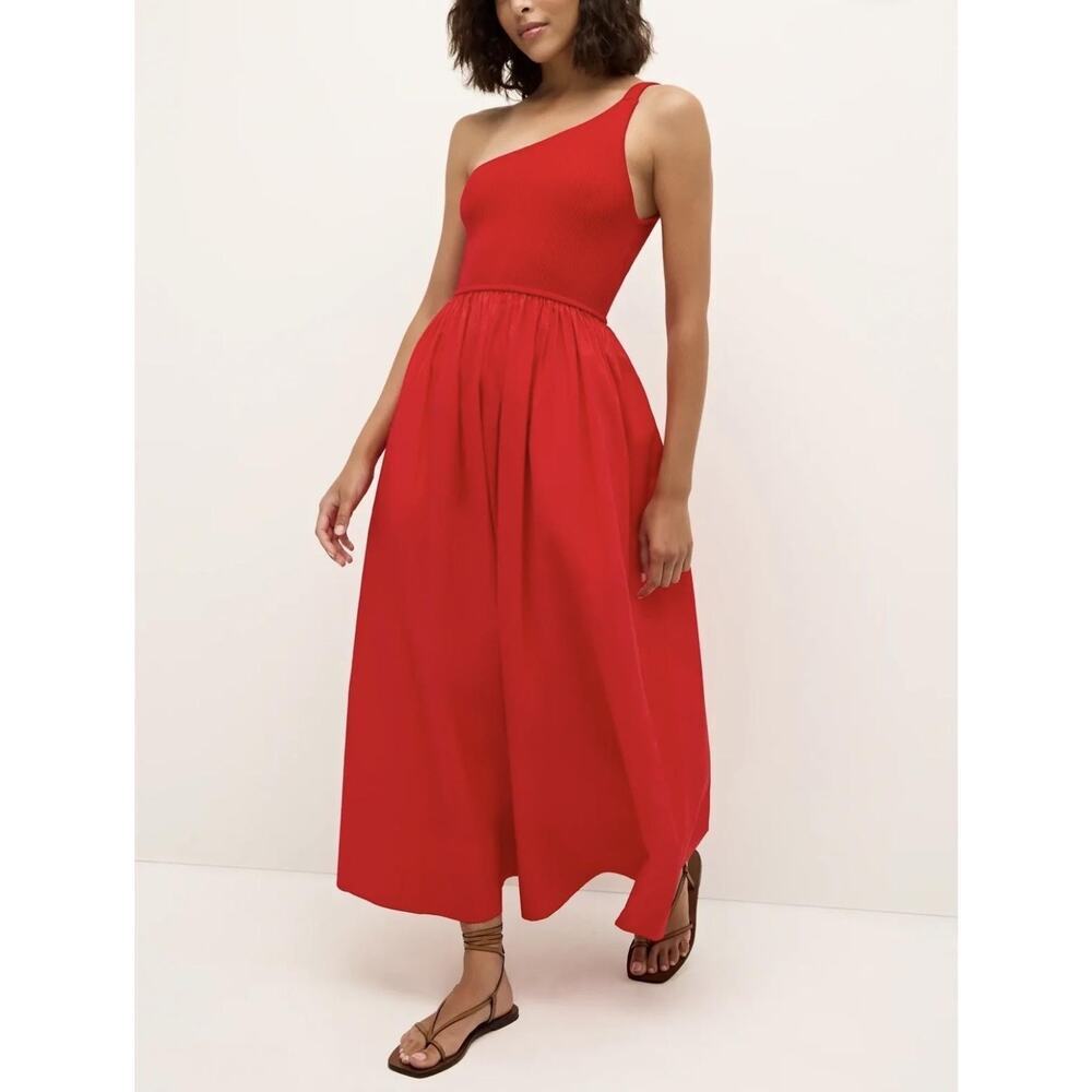 Marie Oliver Tobie Dress Womens Medium Red One Shoulder Maxi Sundress Pockets
